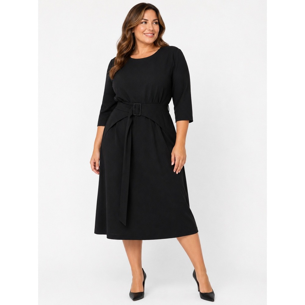 Black Halo Sheath Dress 16 Black NWOT Belted Midi Professional Minimal Cocktail